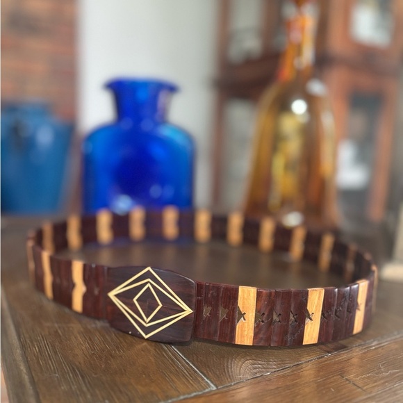 Vintage 70’s Geometric Boho Wooden Inlay Link Statement Belt Western Hippie - Picture 3 of 6